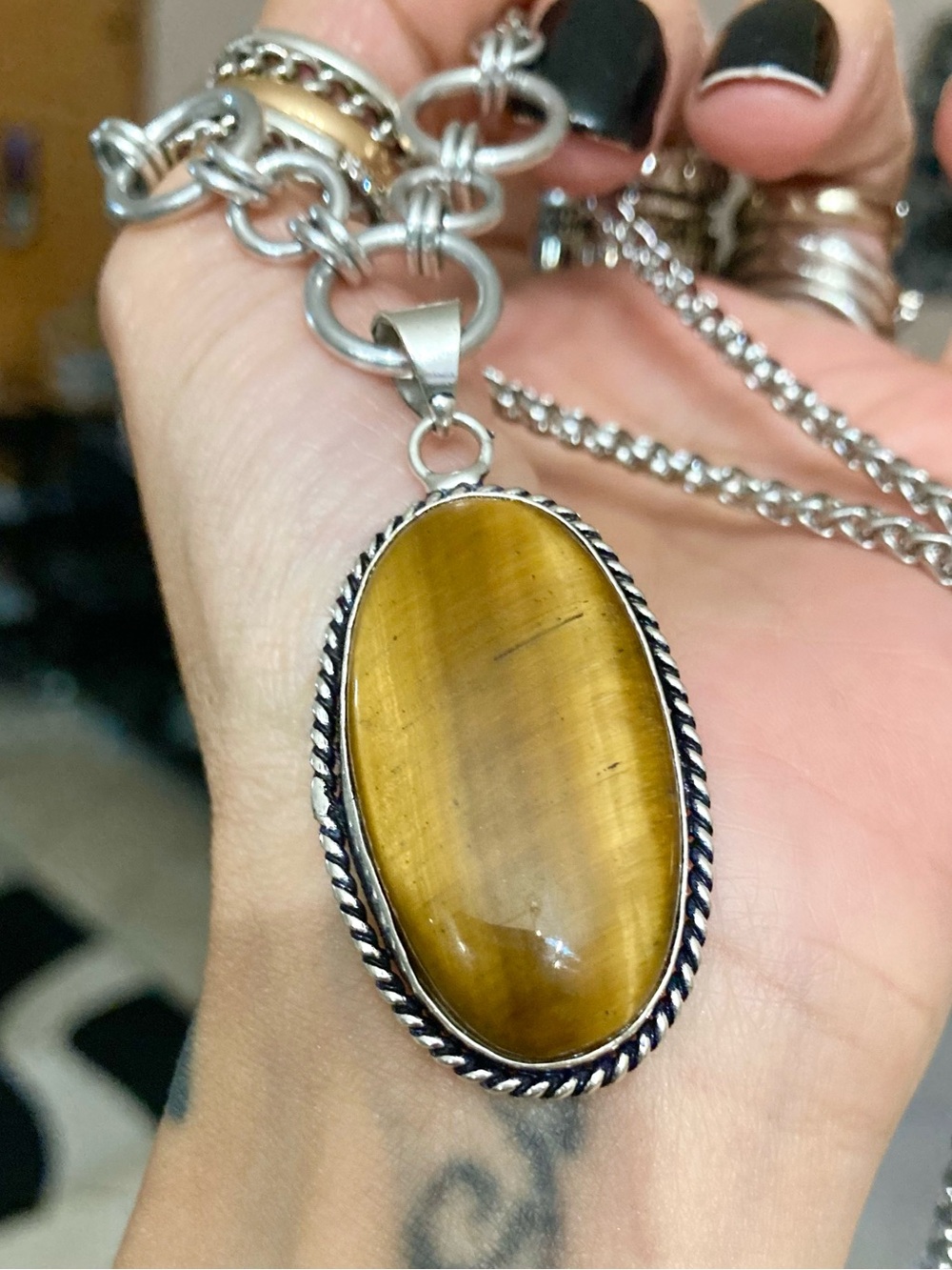 Genuine golden tiger eye gemstone boho oval medallion charm silver necklace - Picture 7 of 14